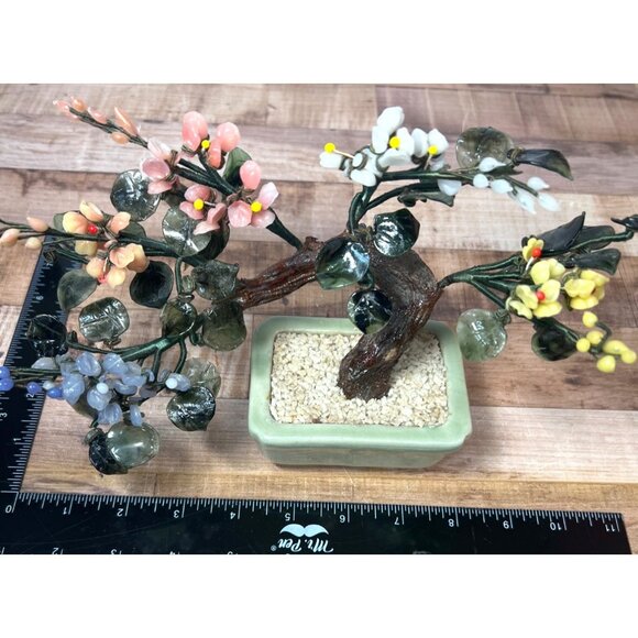 Gemstone Bonsai Tree Ornament With Multicolored Flowers In Ceramic Pot - Picture 6 of 8